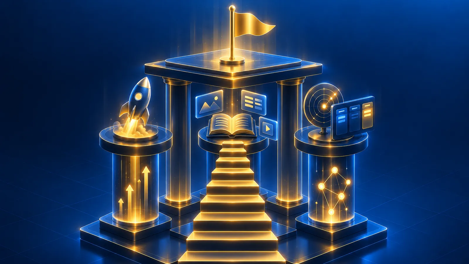 Illustration de l'Allbound Academy : trois colonnes (mouvement commercial, contenus, signaux et CRM) qui portent une plateforme, avec un escalier de progression