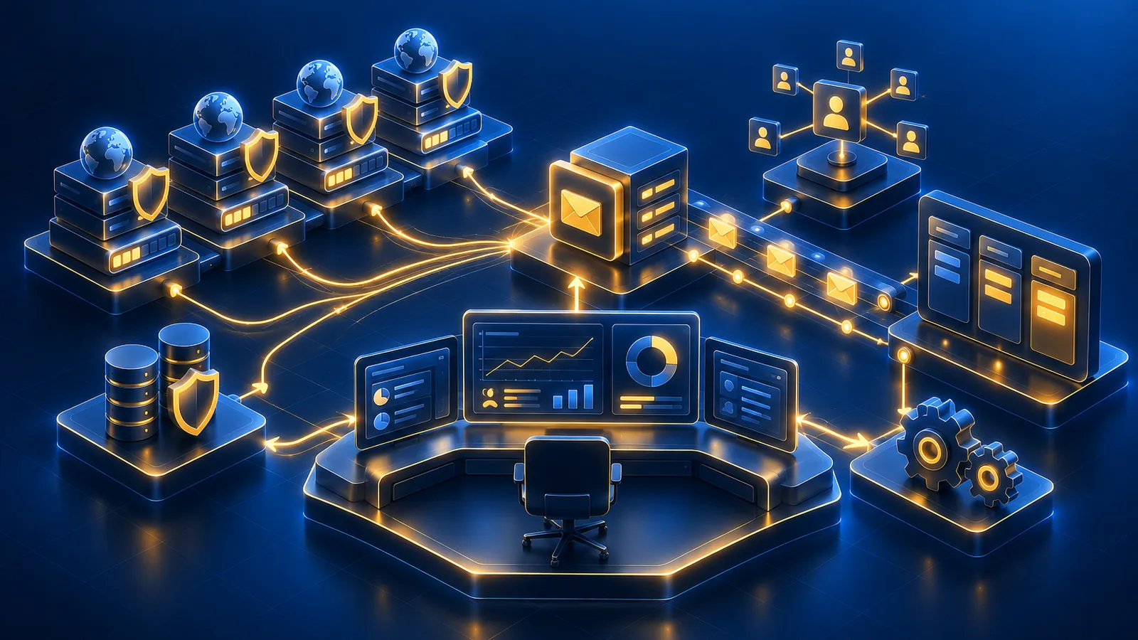 Illustration du Système de Prospection Autonome : infrastructure email protégée, préchauffage, outils et CRM, avec une console de pilotage pour le client