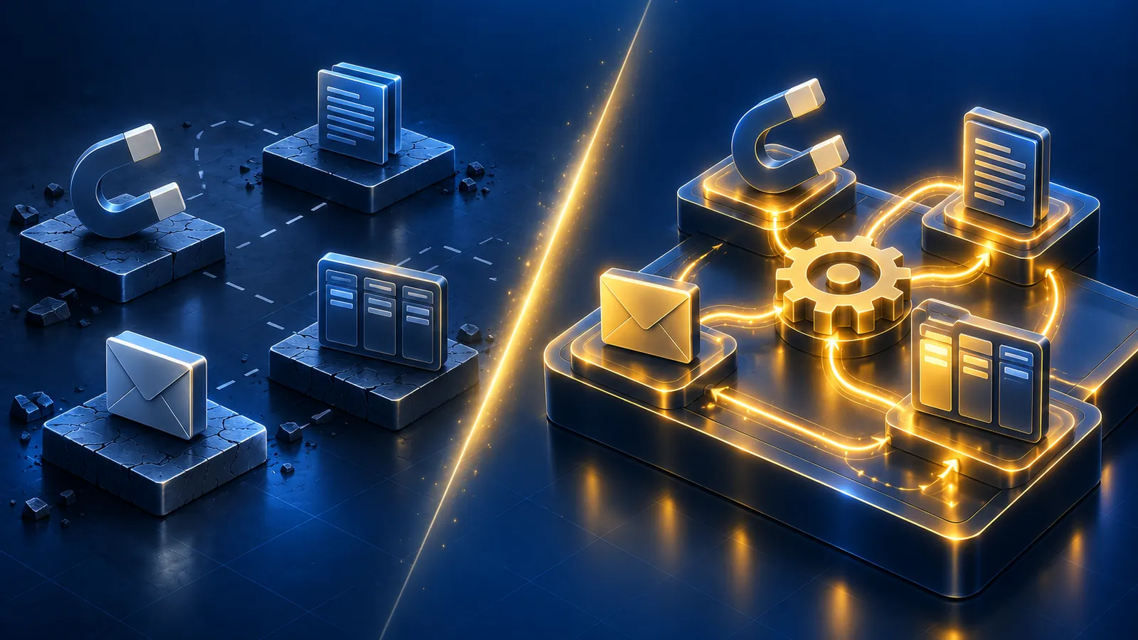 Illustration comparant des outils d'acquisition isolés sur des îlots séparés et les mêmes outils reliés en un seul système