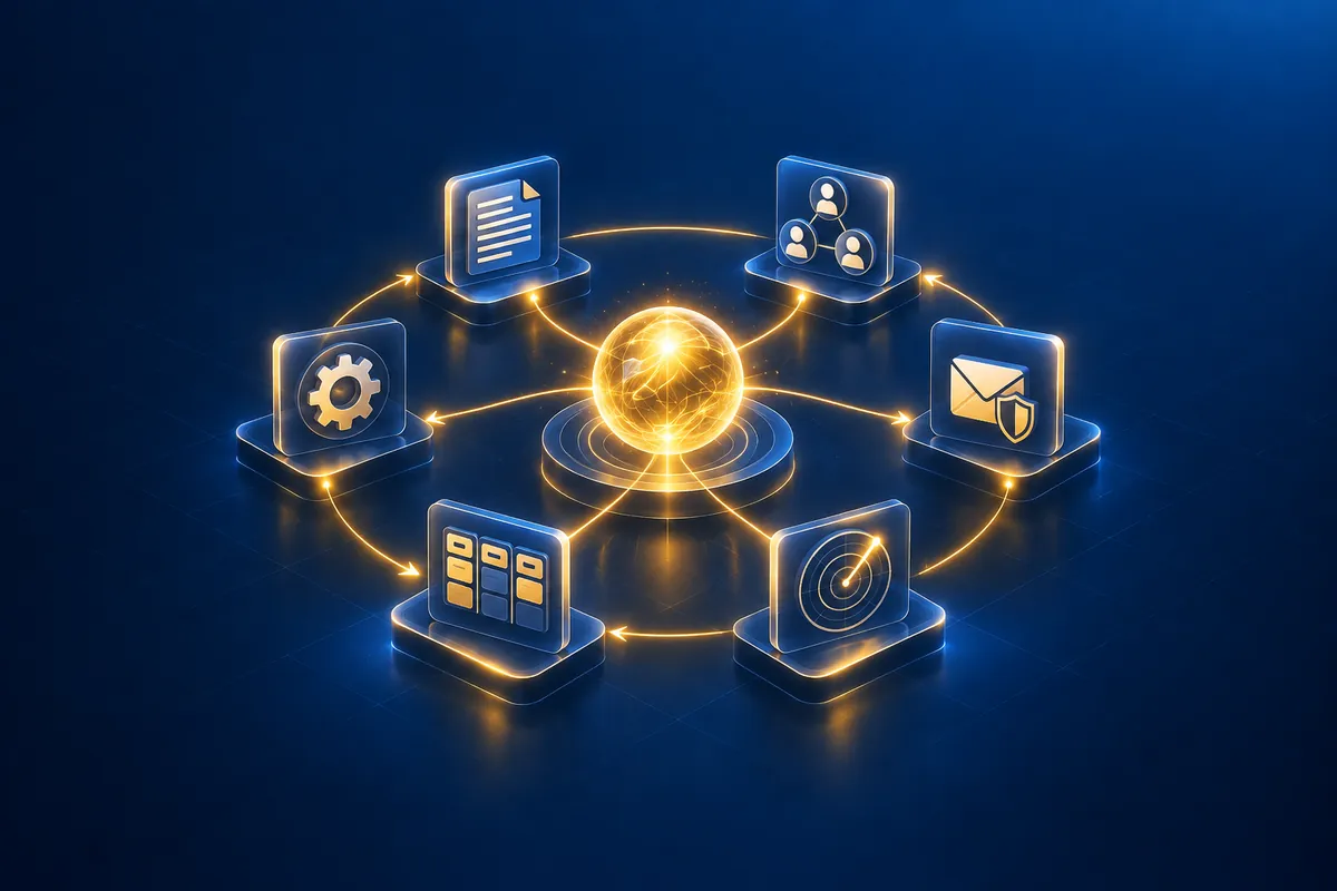 Schéma isométrique de la méthode UpNet : six modules (contenu, LinkedIn, email, signaux, CRM, automatisation) reliés à un cœur central