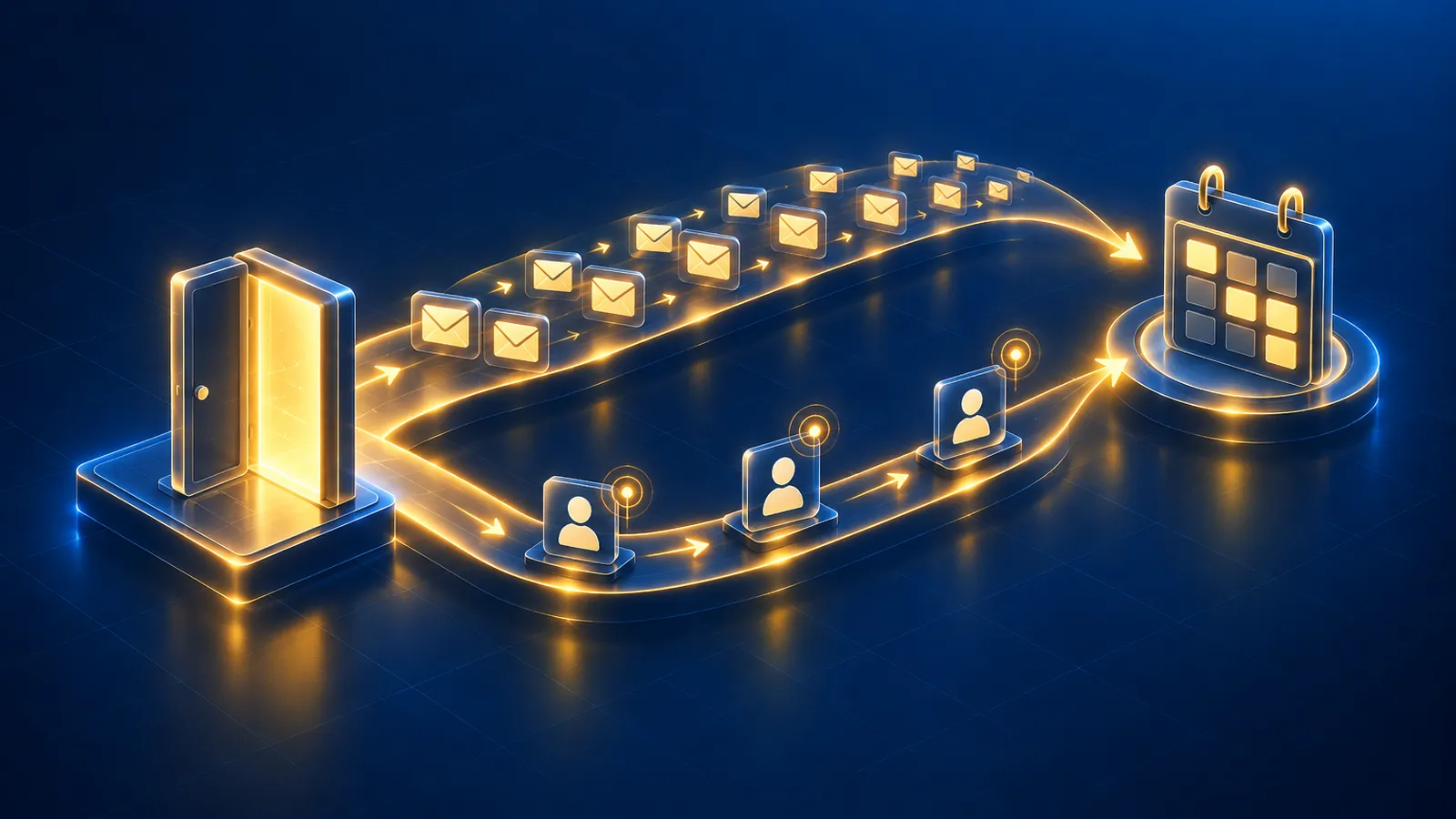Illustration du parcours UpNet : une porte d'entrée, puis deux voies de prospection selon le type de vente, qui mènent toutes deux à des rendez-vous