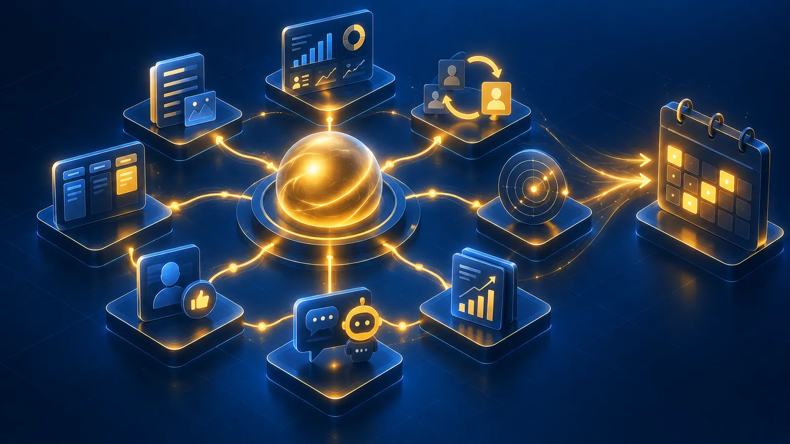 Illustration d'Allbound Premium : huit modules (direction, contenu, réactivation, signaux, setter IA, social selling, CRM, reporting) reliés à un pilotage central