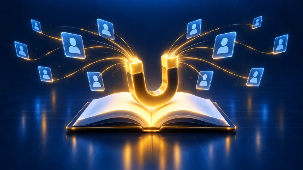 Illustration d'un lead magnet : un aimant posé sur un livre blanc qui attire des cartes de contact