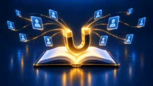 Illustration d'un lead magnet : un aimant posé sur un livre blanc qui attire des cartes de contact