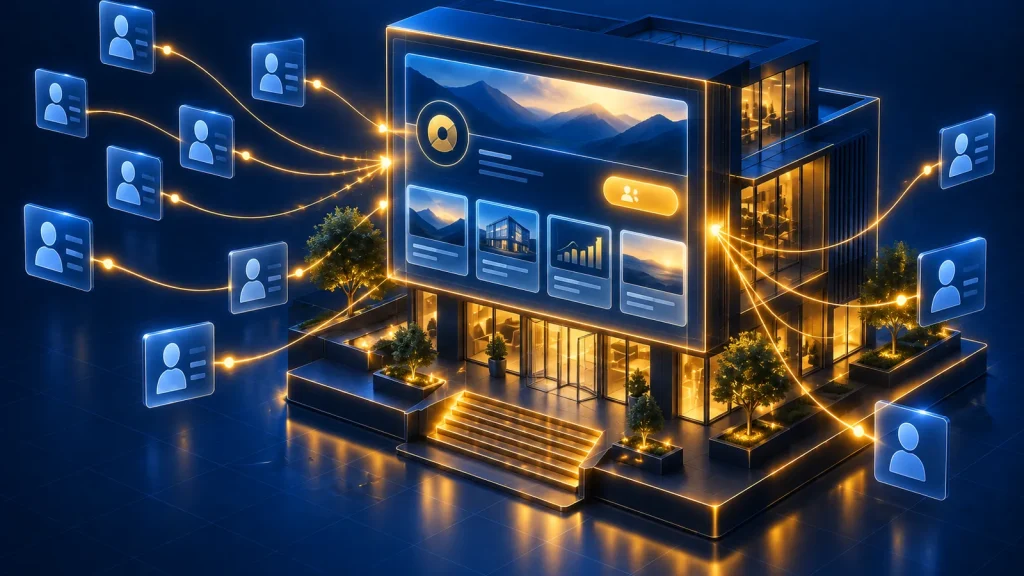 Illustration d'une page entreprise LinkedIn : une façade d'entreprise devenue vitrine numérique, qui attire des abonnés