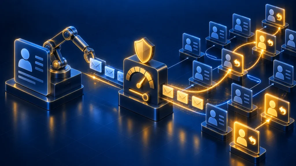Illustration de la prospection LinkedIn automatisée : un flux de messages régulé par une jauge de sécurité, dont certaines connexions répondent