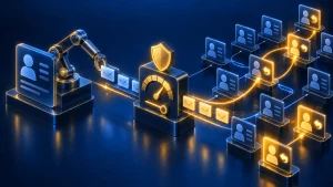 Illustration de la prospection LinkedIn automatisée : un flux de messages régulé par une jauge de sécurité, dont certaines connexions répondent
