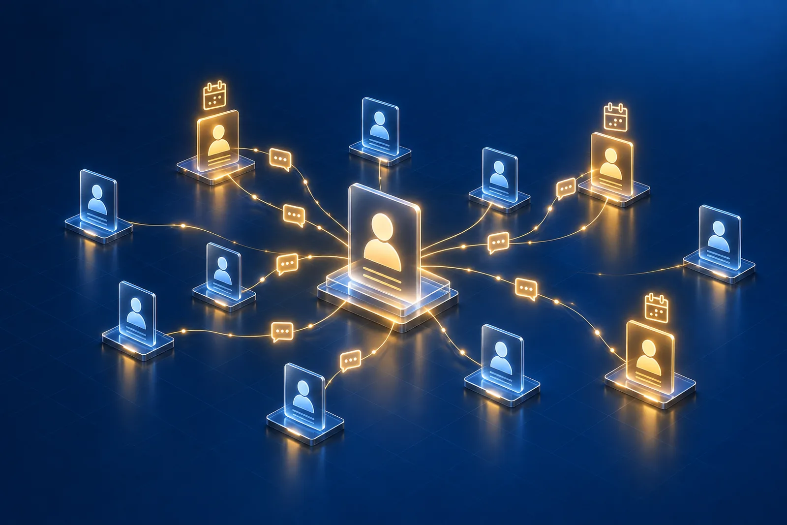 Agence De Prospection Linkedin : Des Conversations, Pas Du Spam Illustration d'une prospection LinkedIn : un profil central relié à un réseau de contacts, dont certaines conversations deviennent des rendez-vous