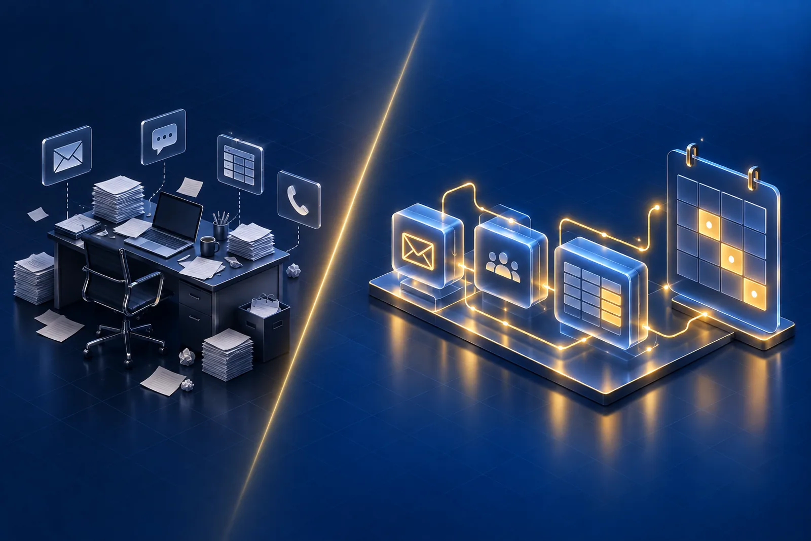 Externaliser Sa Prospection Commerciale : Le Guide Pour Décider Illustration comparant un bureau débordé par des outils dispersés et un système de prospection connecté qui produit des rendez-vous